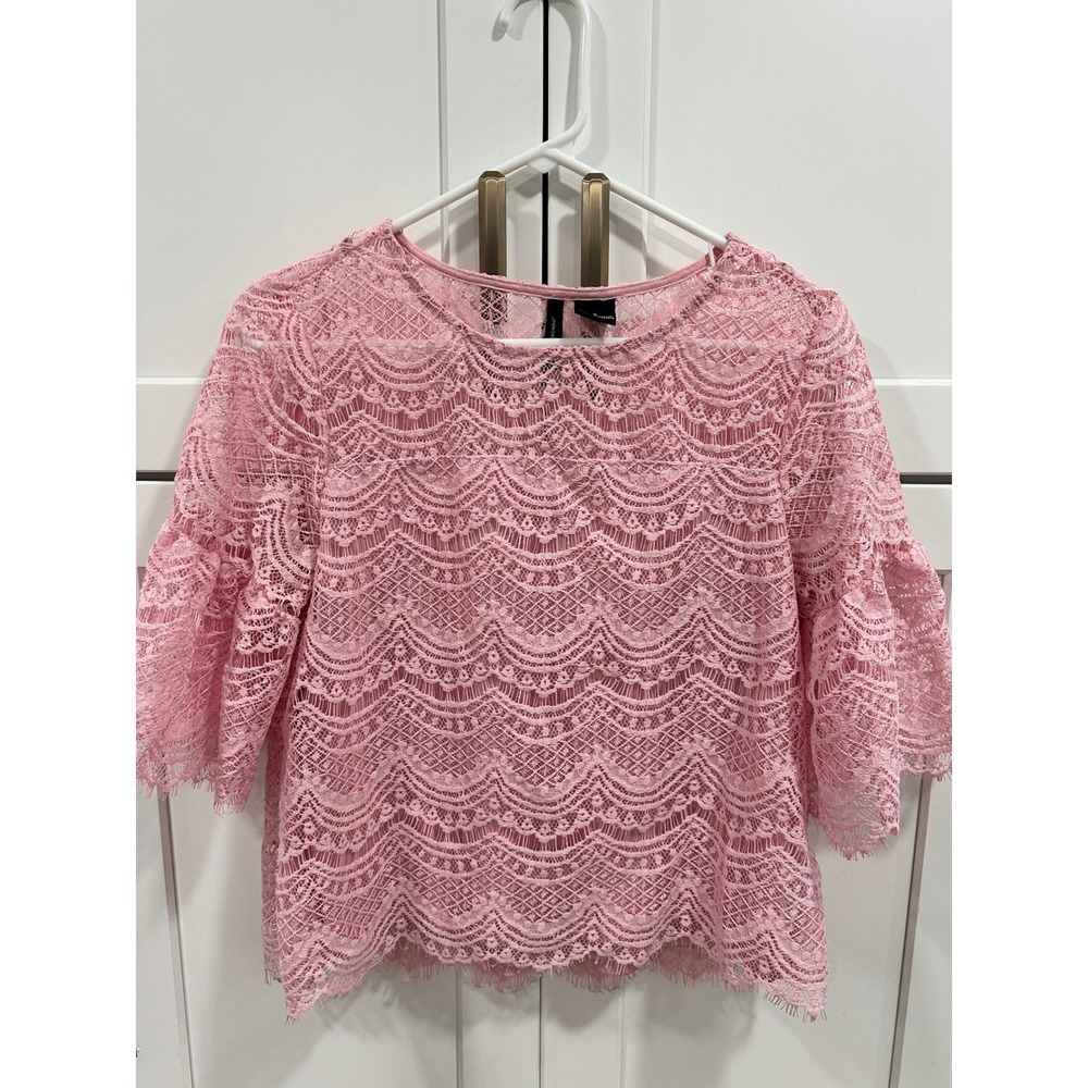 New Directions Lace Top Bell Sleeve Pink Blouse Elegant Party S